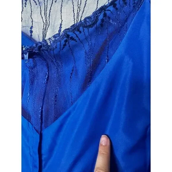 Vintage 1980's ILGWU Blue Evening Gown Prom Dress Sweeping Prairie Puff Sleeve - Picture 10 of 12